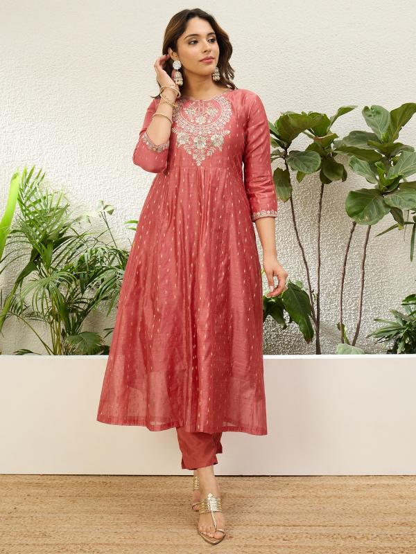 VP 9862 P Women’s Chanderi A Line Kurta Pent Dupatta Sets with Embroidery Work | 3pcs Ethnic Set